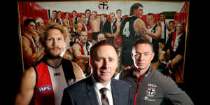 St Kilda lobbied for a pride game and have been given the go-ahead for a themed fixture against Sydney in round 21. Pictured are St Kilda footballer Sam Gilbert,CEO Matt Finnis and coach Alan Richardson.