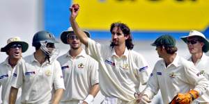 Jason Gillespie salutes the crowd after taking five wickets on a Nagpur pitch made to order for him in 2004.