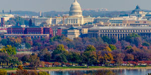 The United States Capitol can be seen from Arlington National Cemetery here on a beautiful fall day in Washington D.C.