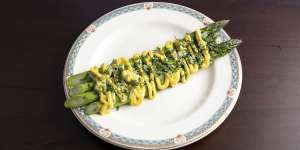 A seasonal special of asparagus with brown butter and tarragon emulsion.