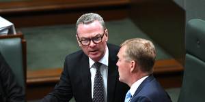 Leader of the House Christopher Pyne confers with Speaker Tony Smith on Tuesday.