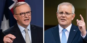 Scott Morrison,right,is running on his record and warning of the risk of change while Anthony Albanese is promising a better future.
