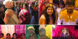 Clockwise from top left:the bride and groom;the couple is anointed with turmeric for good luck;the bharat parade arrives at the wedding;the intricate,customary bridal henna patterns;guests at the wedding. 