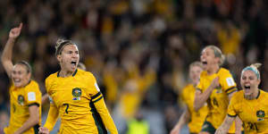 Australia’s Steph Catley celebrates scoring their first goal.