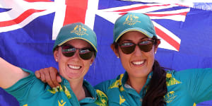 Ellen Ryan (left) and Kristina Krstic after winning gold in the pairs.