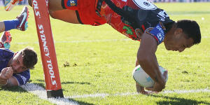 Tautau Moga dots down for the Dragons against Canterbury at Belmore.