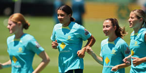Sam Kerr trains with the Matildas in Perth on Wednesday.