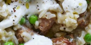 ***EMBARGOED FOR GOOD WEEKEND,JULY 30/22 ISSUE*** Karen Martini recipe:Risotto with pork and fennel sausage,peas and burrata Photograph byÂ WilliamÂ Meppem (photographer on contract,no restrictions)