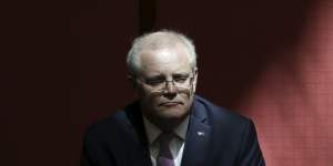 Scott Morrison sits in the Senate to watch Mathias Cormann deliver his valedictory speech in October.