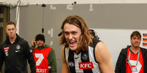 Darcy Moore was on crutches after the win over the Gold Coast Suns but revealed on Monday he had escaped structural damage.