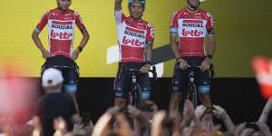 Caleb Ewan,centre,at the start of the 2022 Tour de France in Denmark.