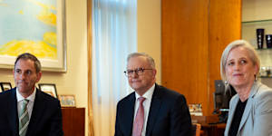 Treasurer Jim Chalmers,Prime Minister Anthony Albanese and Finance Minister Katy Gallagher put the finishing touches on the budget.