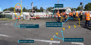 The Kianawah Road level crossing at Wynnum West in February 2021,where the boom gate was 3.1 metres too short.