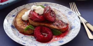 French toast with roasted plums and vanilla yoghurt.