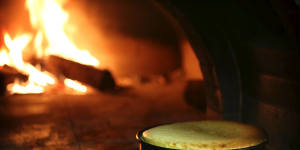 A baked cheescake in the wood-fired oven.