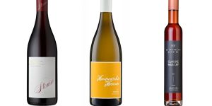 From left:Stonier Pinot Noir 2017;Chalmers Montevecchio Moscato Frizzante 2018;Rutherglen Estates Classic Muscat NV.