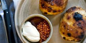 Nigella Lawson approved fermented potato bread with trout roe,kefir cream and dashi jelly.