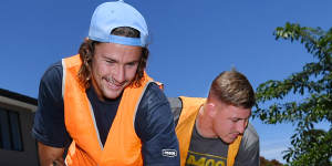 Melbourne Storm's Nicho Hynes and Max King doing labouring in Clayton South.