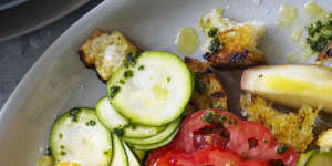 Danielle Alvarez's Tomato,nectarine and zucchini panzanella-ish salad with sweet basil dressing.