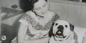 Joy Christensen as a younger woman with her bulldog,Bullie.