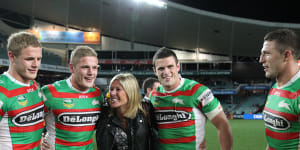 The four brothers and mother Julie following their famous first appearance together against Wests Tigers in 2013.