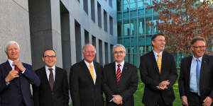 Crossbench MPs Bob Katter,Adam Bandt,Tony Windsor,Andrew Wilkie,Rob Oakeshott and Tony Crook in 2011. 