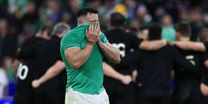 Ireland’s Jack Conan reacts after narrowly losing the Rugby World Cup quarterfinal match against New Zealand at the Stade de France in Saint-Denis,near Paris,