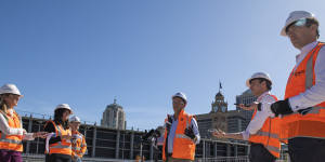 Minister for Transport Andrew Constance addresses media on the metro construction site at Central Station.