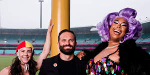 Albert Kruger,centre,at the Sydney Cricket Ground for the Mardi Gras parade in 2021.