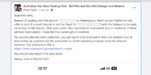 An alert Brad Emery posted online after realising he was scammed. 