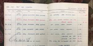 Log book with entry by rear gunner Ray Wilkinson.