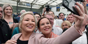Sinn Fein northern leader,Michelle ONeill and Sinn Fein leader,Mary Lou McDonald take a selfie as they celebrate the historic win.