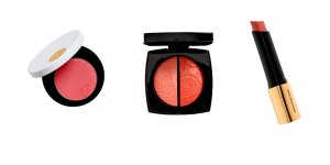 Hermès Silky Blush Powder in Rose Pommette,$110. Chanel Blush and Highlighting Duo,$100. Hourglass Blush Stick in Sacred,$72.