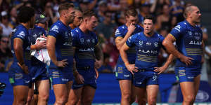 Mitchell Moses with his Eels teammates earlier in the year.