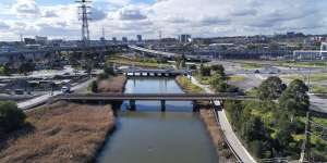 Moonee Ponds Creek between Dynon and Footscray roads – the location for a Transurban flyover. Picture by Joe Armao.