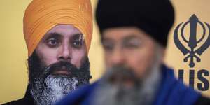 A photo of Hardeep Singh Nijjar is seen during a news conference providing an update from the Sikh community about Nijjar’s homicide.