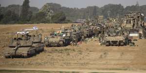 Israeli tanks and armoured vehicles near the southern Gaza Strip border.