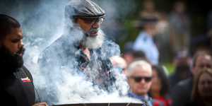Uncle Mik Edwards performed the Welcome to Country and a smoking ceremony at the Shrine on Remembrance Day.