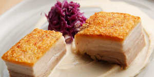 Pork belly,white bean puree and red cabbage at Stray Neighbour in Preston.