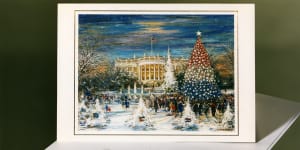 A 1992 Christmas card from president George H.W. Bush and first lady Barbara Bush. Cards during Bush’s presidency usually centred on the White House.