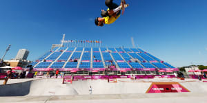 Keegan Palmer of Australia warms up for the men’s skateboarding park competition. The 18-year-old took gold for Australia in the sport’s Olympic debut.