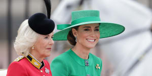 Queen Camilla and Catherine,Princess of Wales,are seen during Trooping the Colour in 2023.