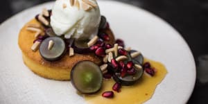 Middle Eastern vibe:The flourless orange and almond cake with grapes,pomegranate and yoghurt sorbet. 