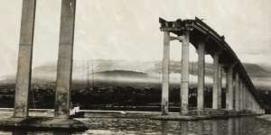 The Tasman Bridge in Hobart after it was struck by the Lake Illawarra container ship in 1975.