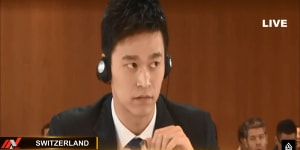 Chinese swimmer Sun Yang appears at the hearing in Montreux,Switzerland.