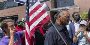 The Reverend Jesse Jackson outside the office of Senator Kyrsten Sinema in Phoenix in July,protesting her opposition to ending the filibuster to pass voting rights legislation. 