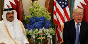Qatar's ruler Sheikh Tamim bin Hamad al-Thani,pictured meeting Donald Trump in 2017,was targeted by the UAE spying operation. 