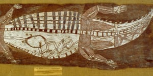 An example of Majumbu’s bark art – a three-metre-long crocodile in Melbourne Museum’s Spencer-Cahill collection.