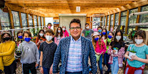 Austin Jewish Academy principal Chris Aguero with students at his Texas school.