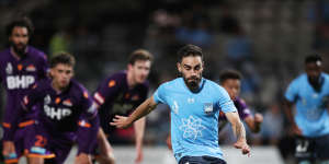 Anthony Caceres scores for Sydney FC in their loss to Perth.